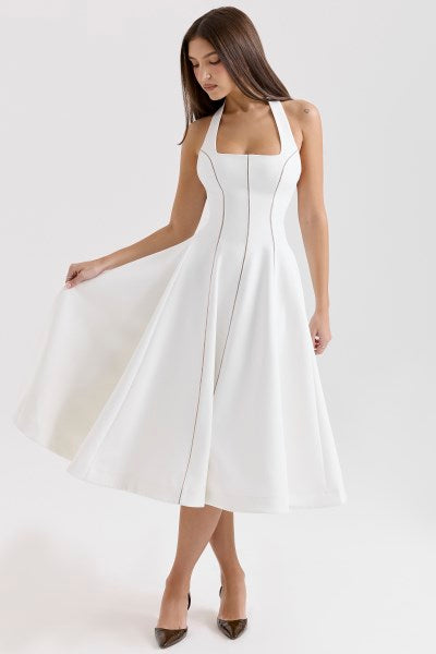 Loulou Ivory Halter Neck Midi Dress