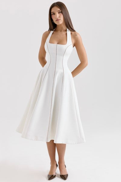 Loulou Ivory Halter Neck Midi Dress
